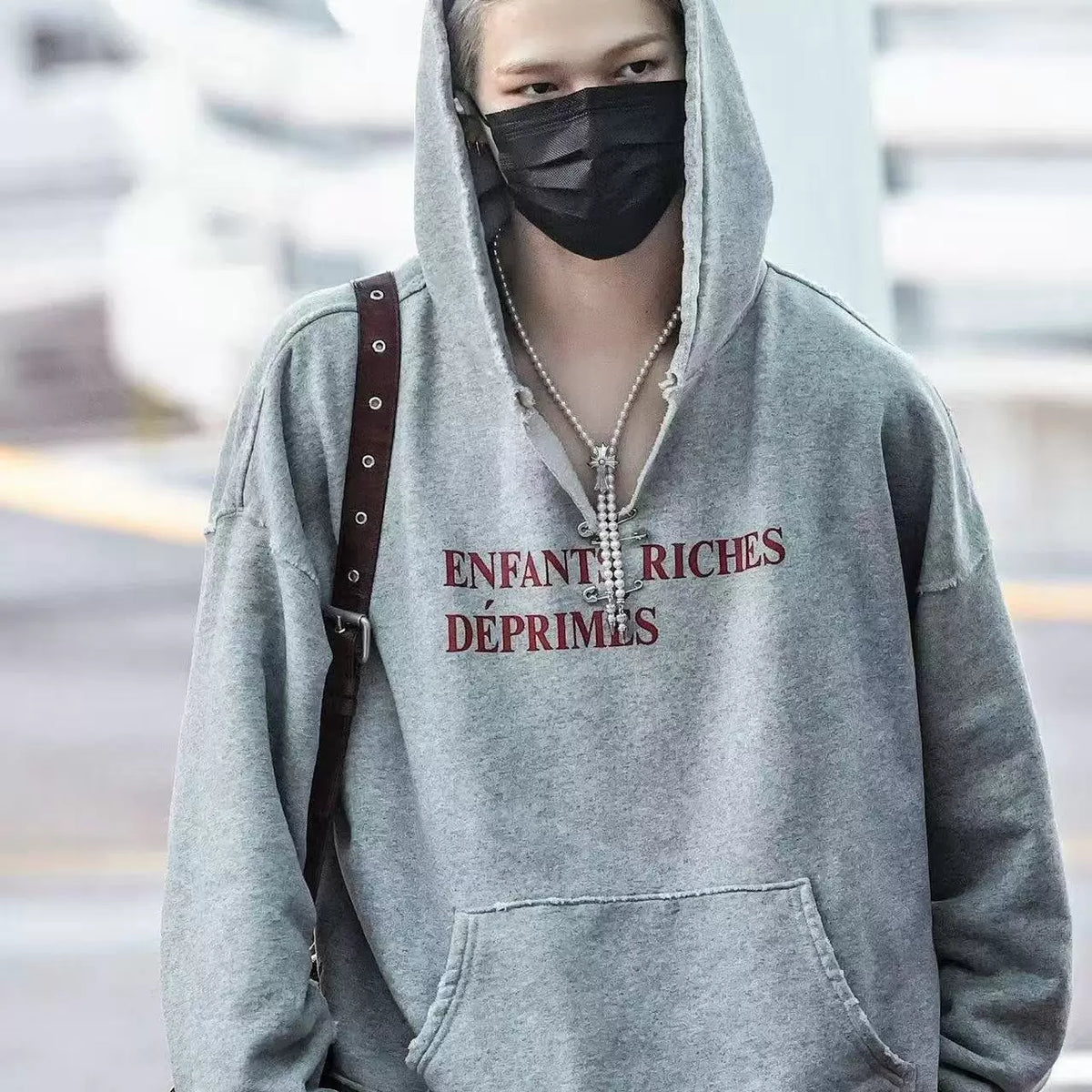 Distressed Raw Edge French Letter Oversized Hoodie