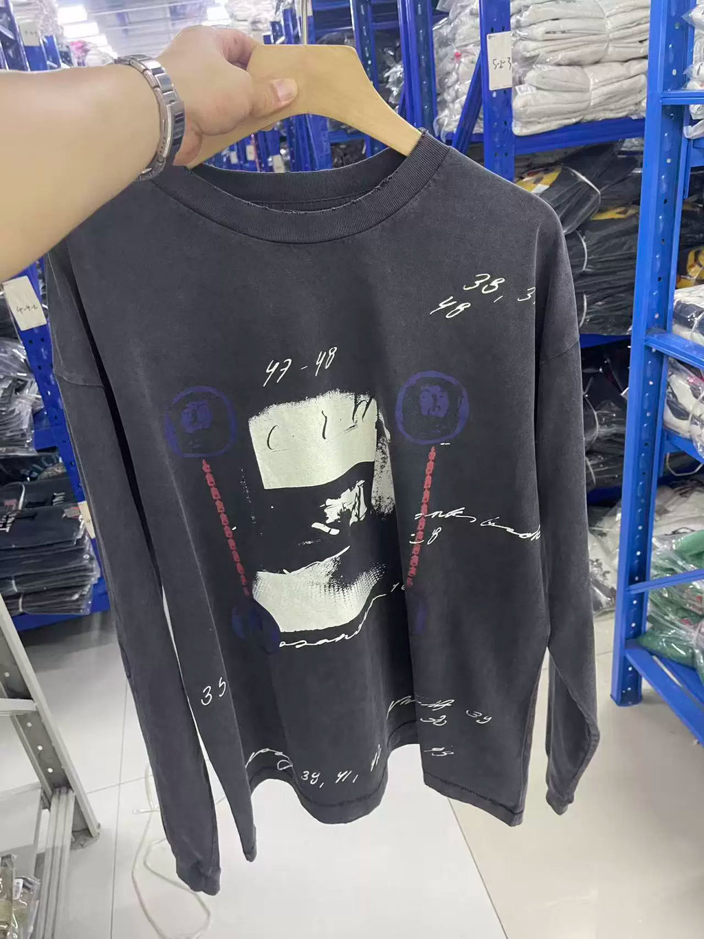 ERD Vintage Washed Black Manuscript Figure Graphic Long Sleeve T‑Shirt