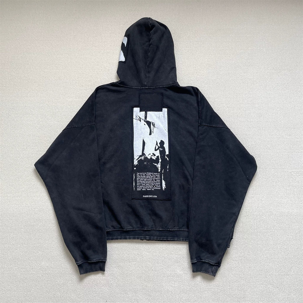 Vintage Washed Art Patch Zip‑Up Oversized Hoodie