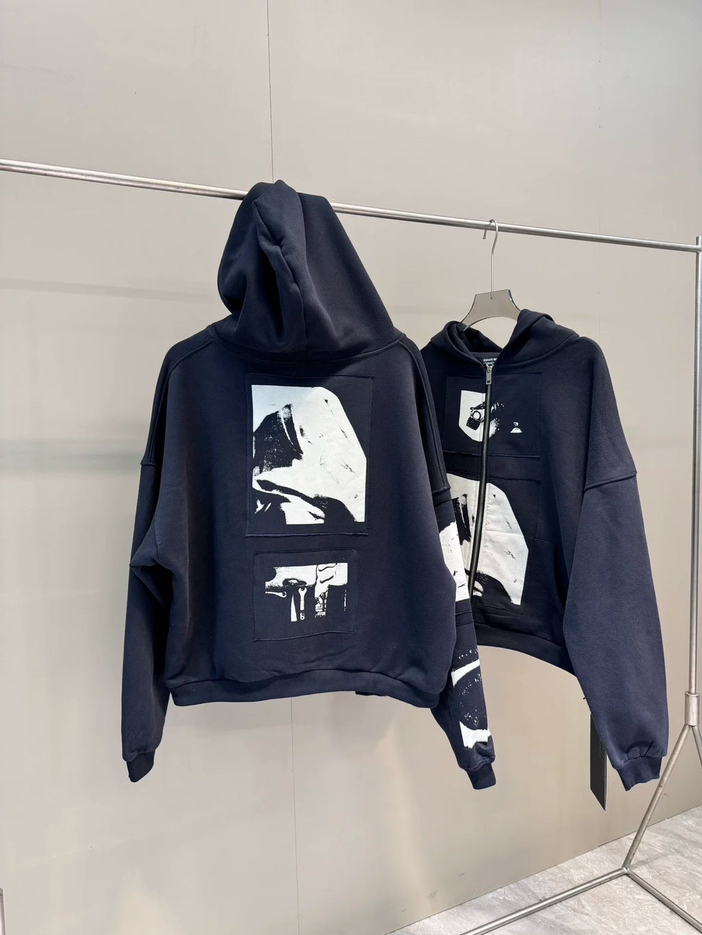 ERD Vintage Washed Navy Back Patch Graphic Cropped Oversized Hoodie