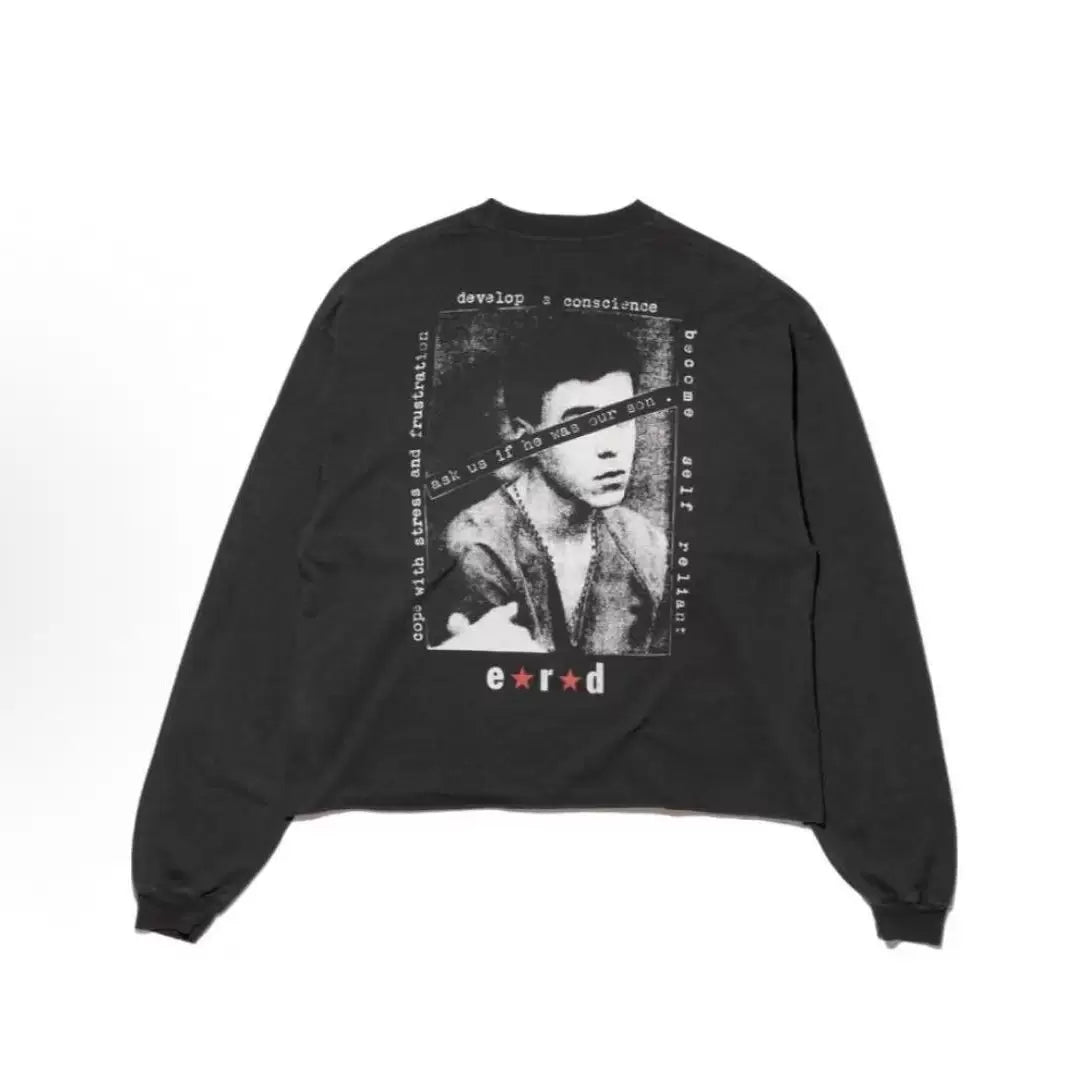 ERD Vintage Washed Newspaper Collage Graphic Cropped Oversized Long Sleeve Tee