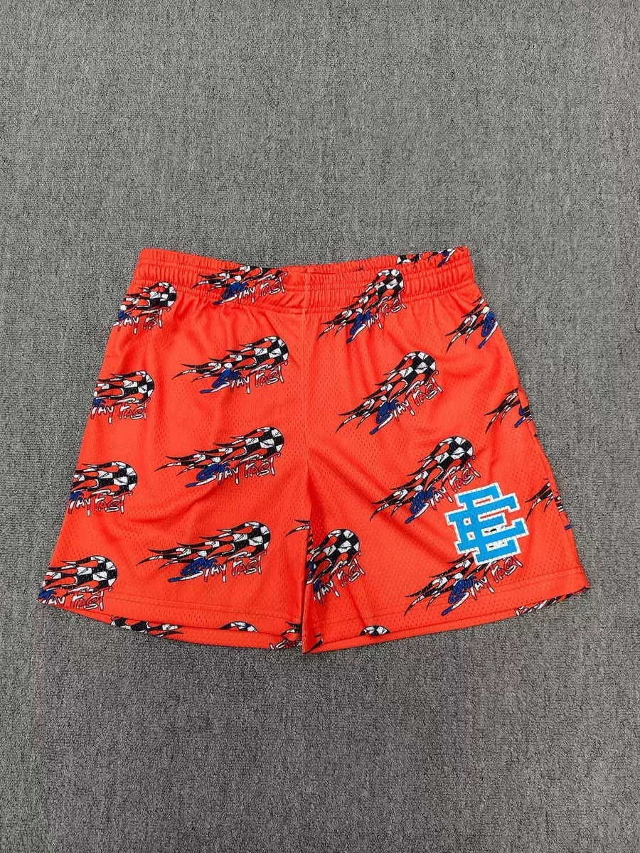 Eric Emanuel EE Orange Racing Flag "Stay Fast" Print Mesh Short