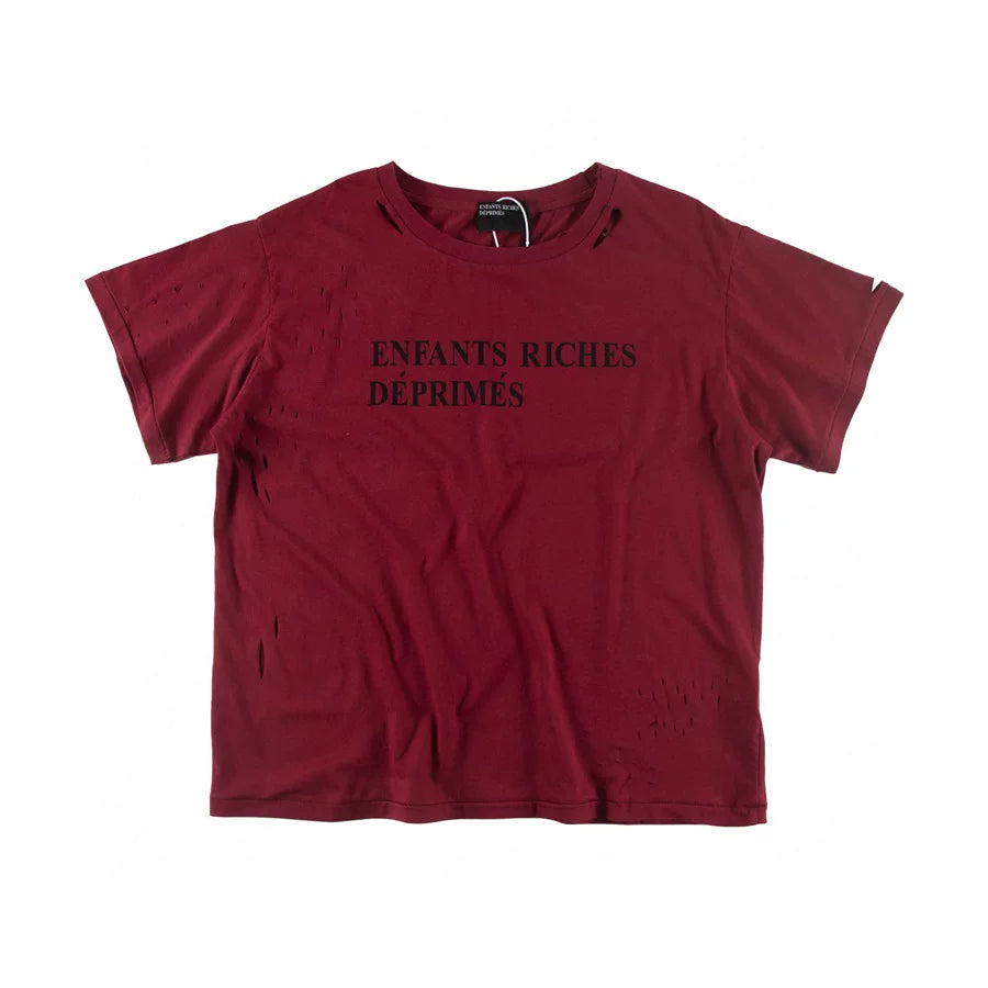 Burgundy Distressed Ripped French Letter Oversized T‑Shirt
