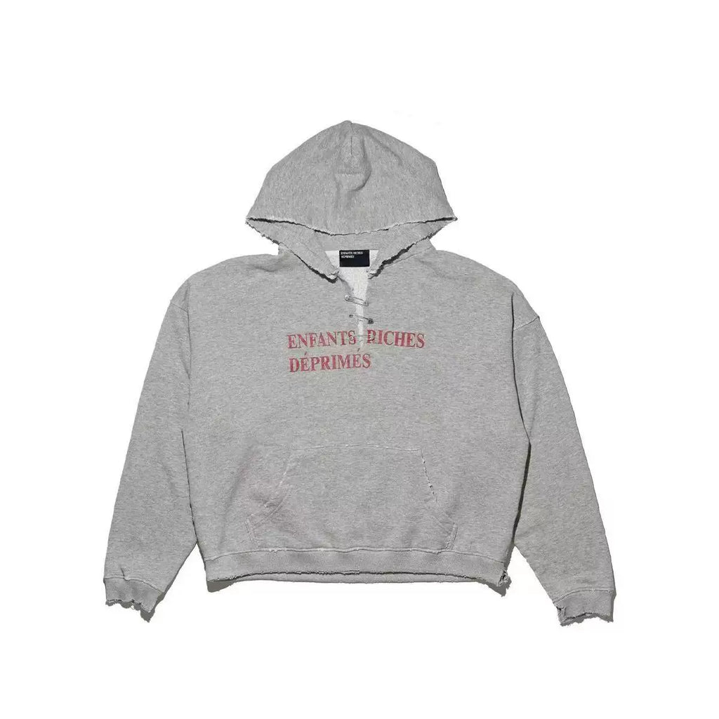 Distressed Raw Edge French Letter Oversized Hoodie