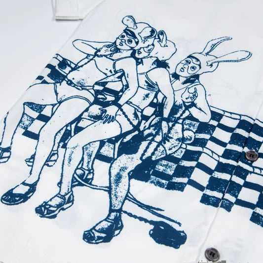 ERD Vintage Comic Print Camp Collar Short Sleeve Button‑Up Shirt
