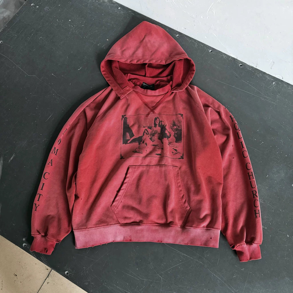 Vintage Faded Red Distressed Art Print Oversized Hoodie