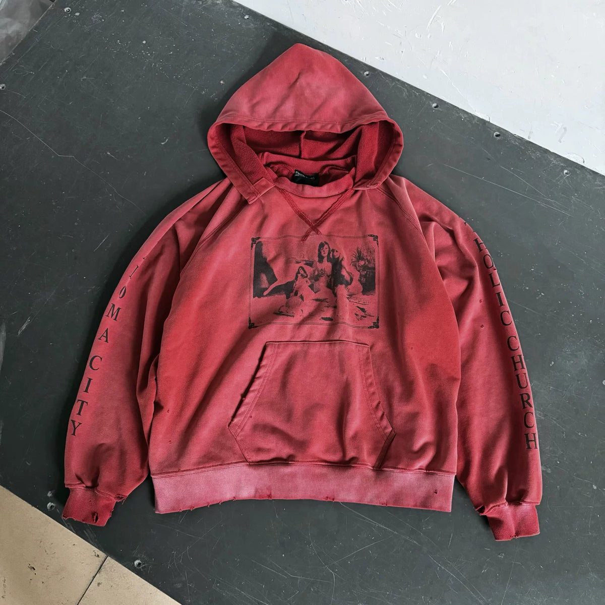 Vintage Faded Red Distressed Art Print Oversized Hoodie