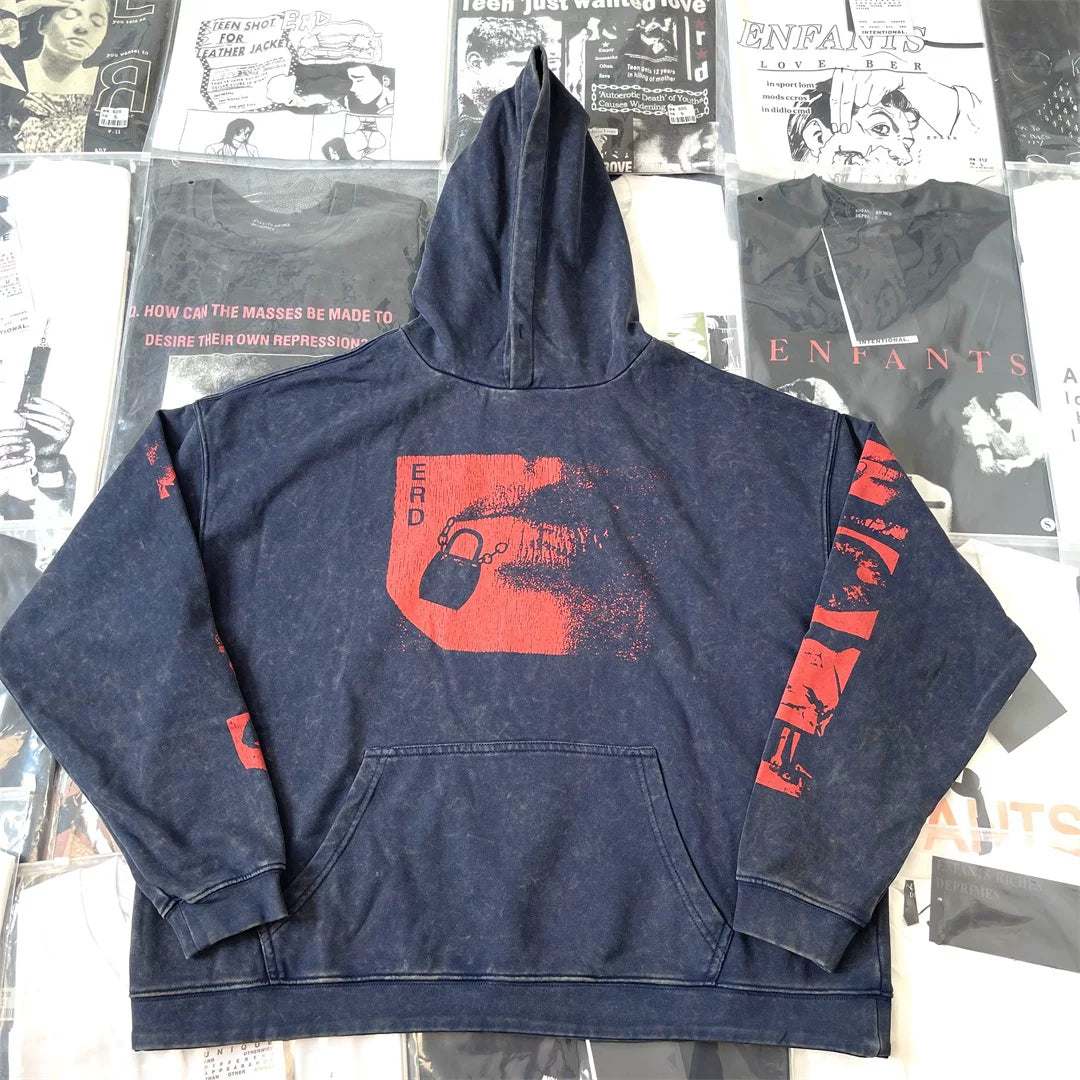 ERD Vintage Washed Navy Red‑Tone Lock Portrait Sleeve‑Print Cropped Oversized Unisex Hoodie