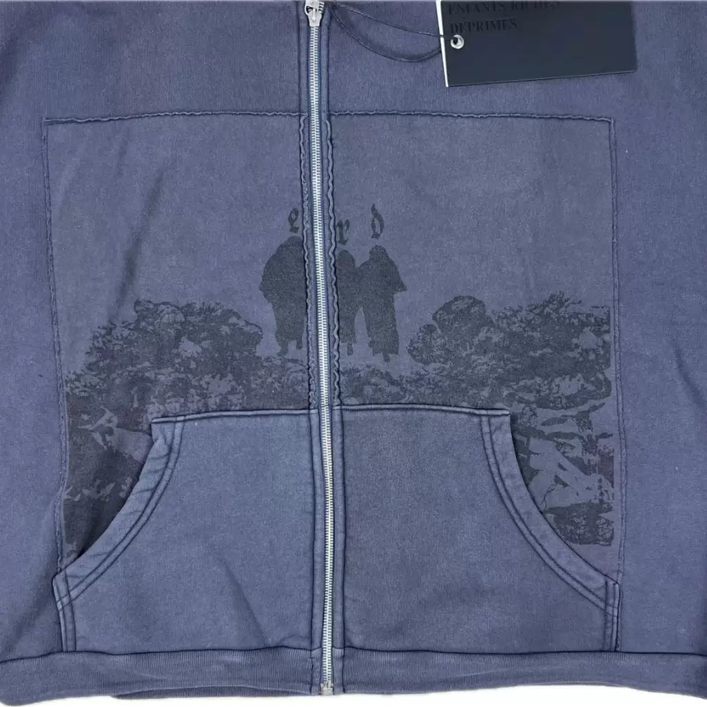 ERD Vintage Washed Navy Figure Landscape Graphic Cropped Zip‑Up Oversized Hoodie