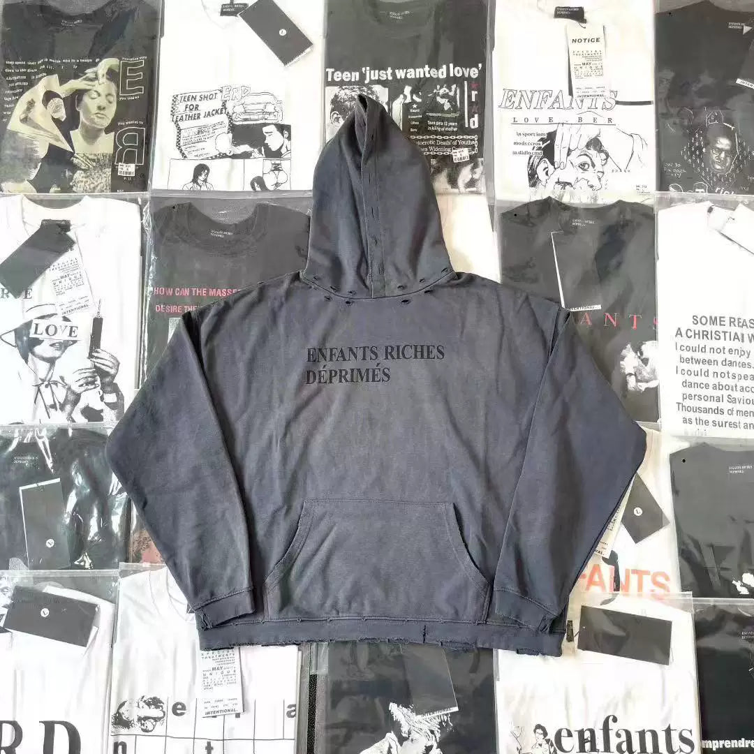 ERD Vintage Washed Charcoal Black Enfants Riches Déprimés Tone‑on‑Tone Distressed Cropped Oversized Unisex Hoodie