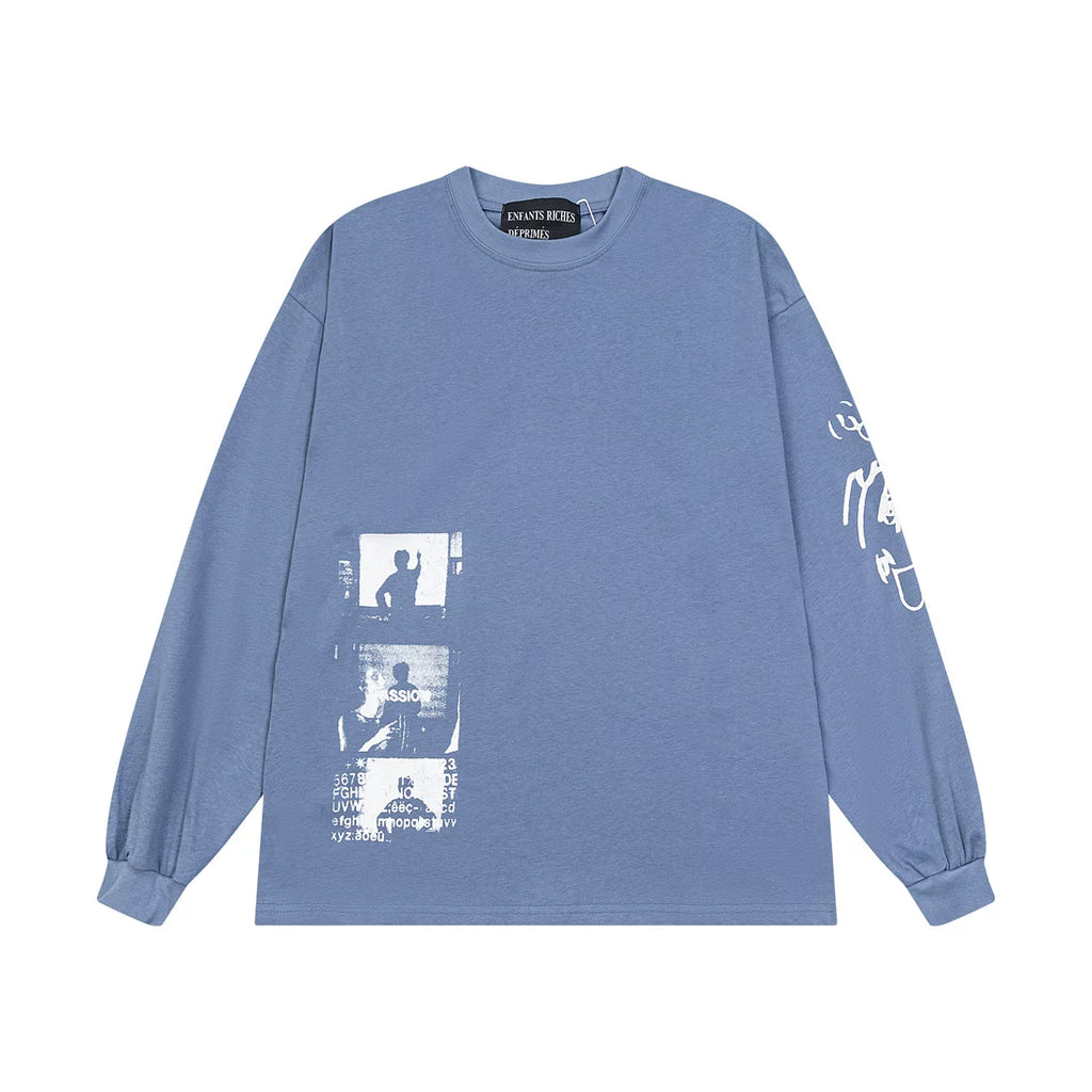 ERD Style Distressed Collage Print Long‑Sleeve Tee Unisex Vintage Washed Blue Streetwear Shirt