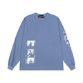ERD Style Distressed Collage Print Long‑Sleeve Tee Unisex Vintage Washed Blue Streetwear Shirt