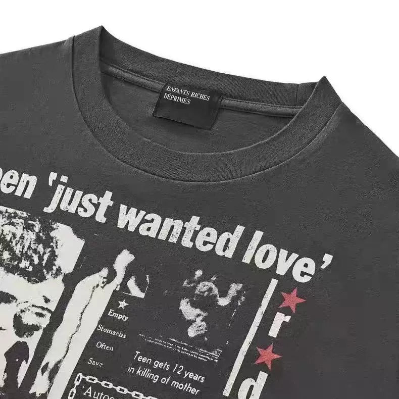 ERD Vintage Washed Newspaper Collage Graphic Cropped Oversized Long Sleeve Tee