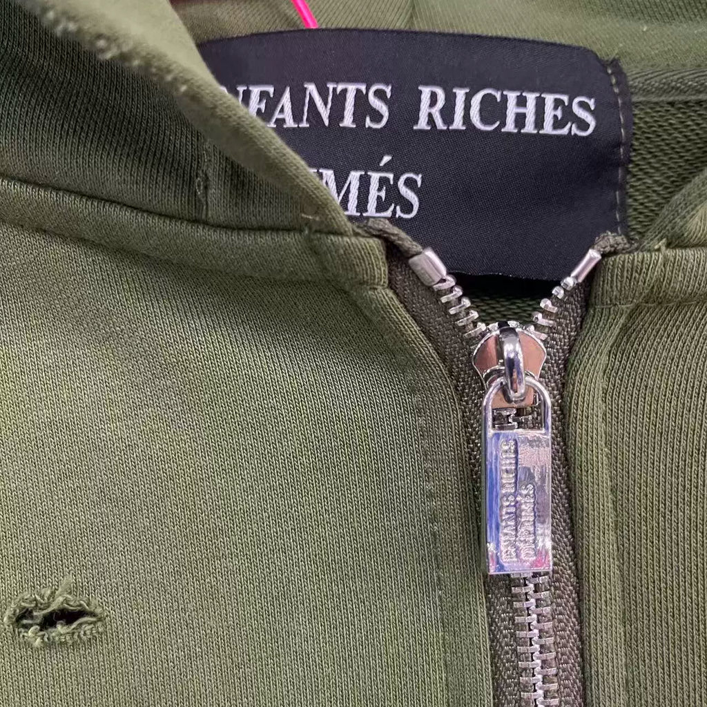 ERD Vintage Washed Army Green Patch Graphic Distressed Full‑Zip Cropped Oversized Hoodie