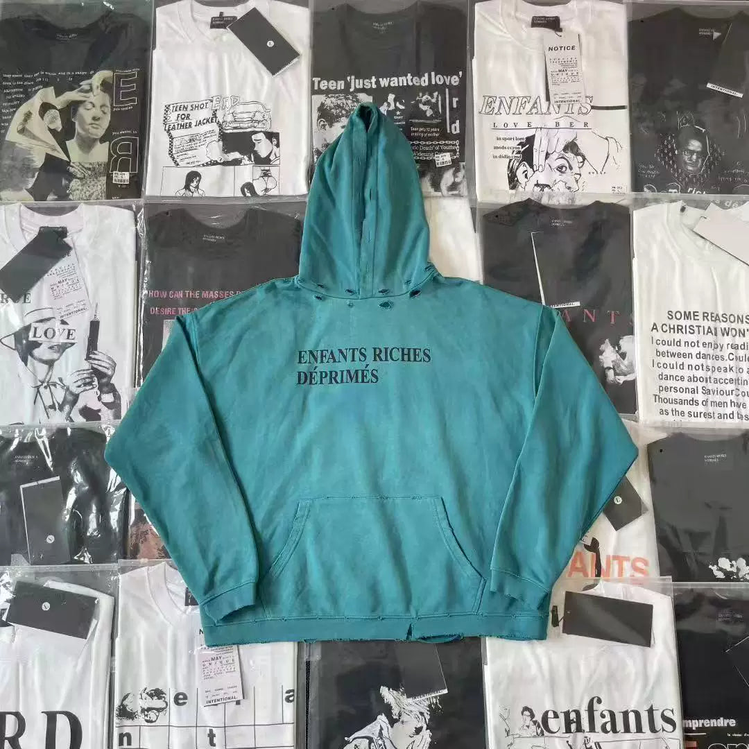 ERD Vintage Washed Teal Enfants Riches Déprimés Logo Distressed Cropped Oversized Unisex Hoodie