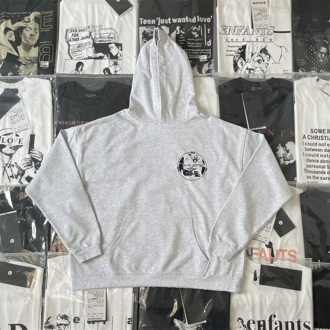 ERD Vintage Washed Heather Grey Small Circular Chest Logo Cropped Oversized Unisex Hoodie