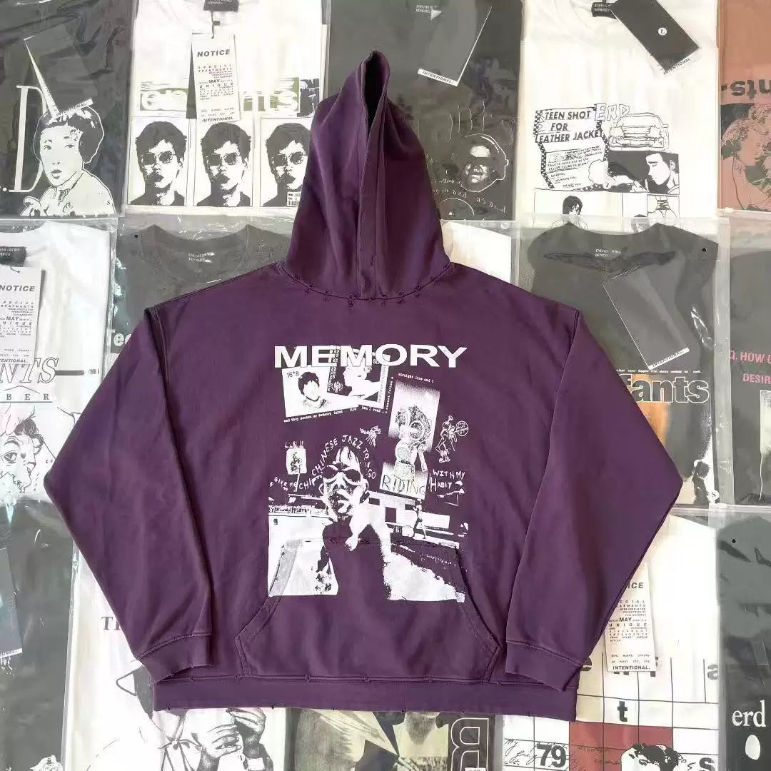 ERD Vintage Washed Purple MEMORY Retro Photo Collage Cropped Oversized Unisex Hoodie