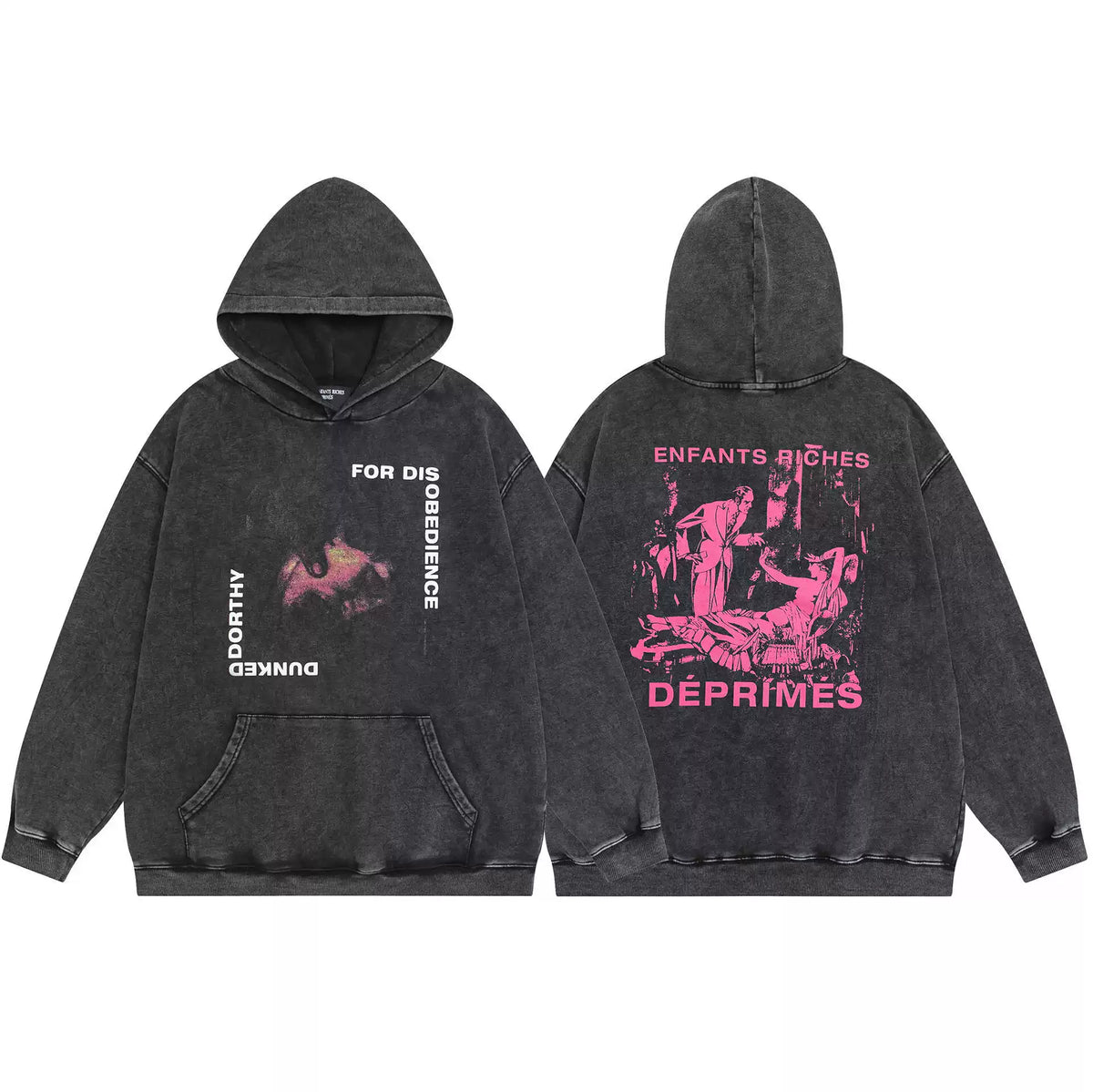 ERD Style Front‑Back Neon Pink Vintage Print Hoodie