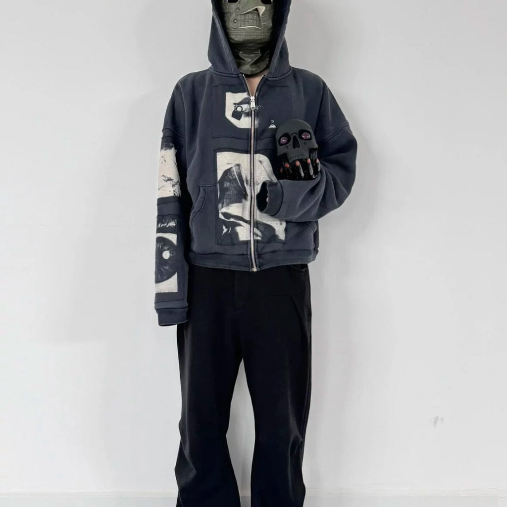 ERD Vintage Washed Patch Figure Graphic Cropped Zip‑Up Unisex Hoodie