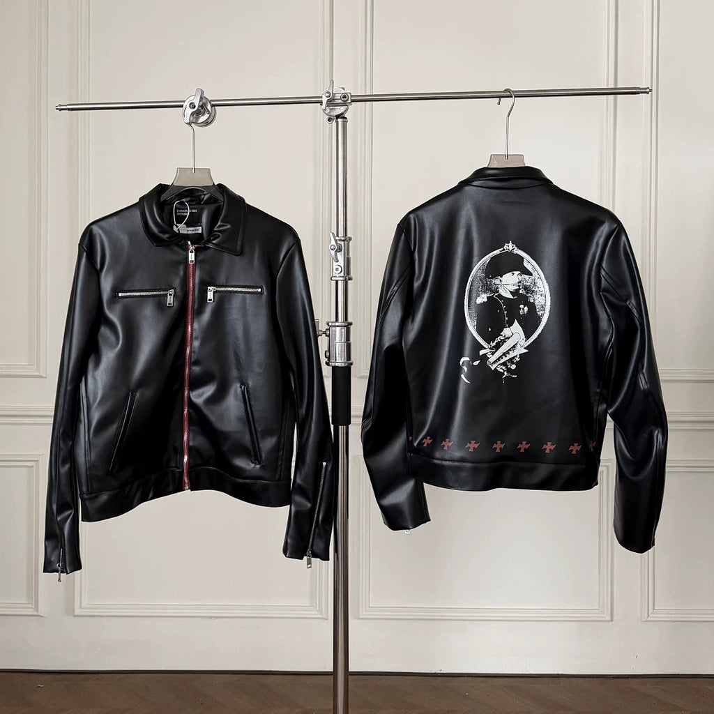 Graphic Print Faux Leather Jacket Unisex Streetwear Moto Coat