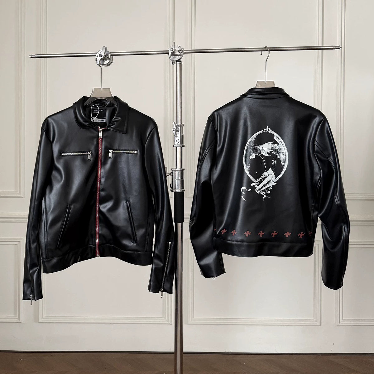 Graphic Print Faux Leather Jacket Unisex Streetwear Moto Coat