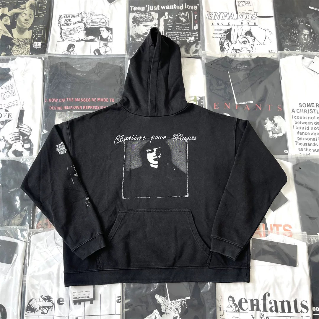 ERD Vintage Washed Black Retro Portrait Box‑Print Cropped Oversized Hoodie