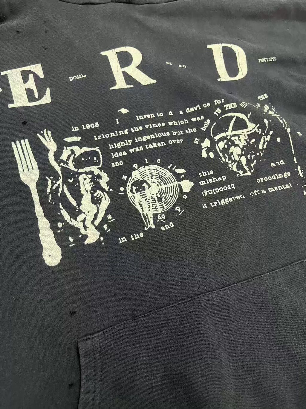 ERD Vintage Washed Black Big E.R.D Letter Newspaper Graphic Cropped Oversized Hoodie