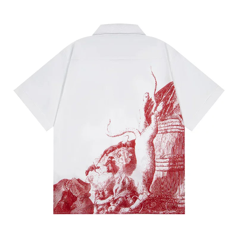 ERD Vintage Red Engraving Art Print Camp Collar Short Sleeve