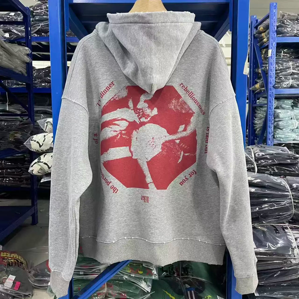 ERD Vintage Washed Grey Big E.R.D Letter Distressed Figure Graphic Cropped Oversized Hoodie