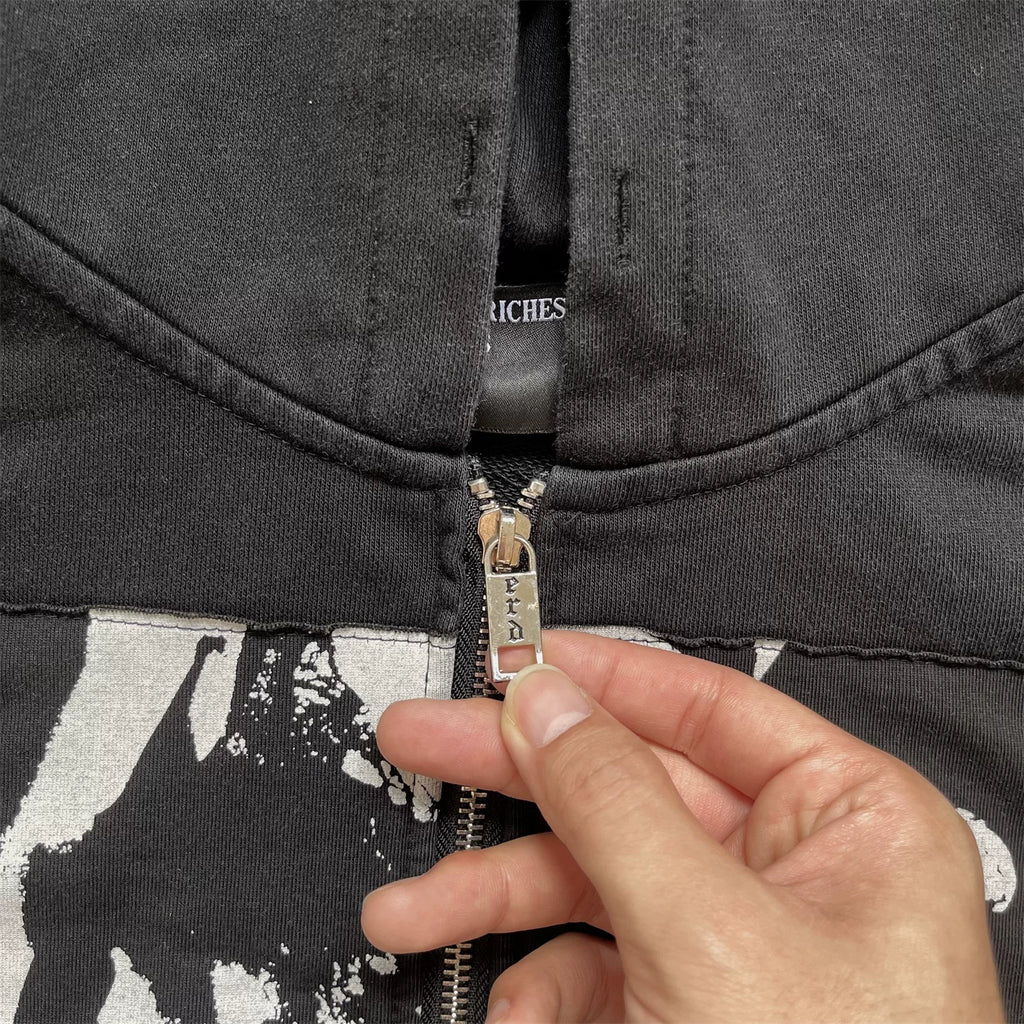 Vintage Washed Collage Portrait Patch Zip‑Up Oversized Hoodie