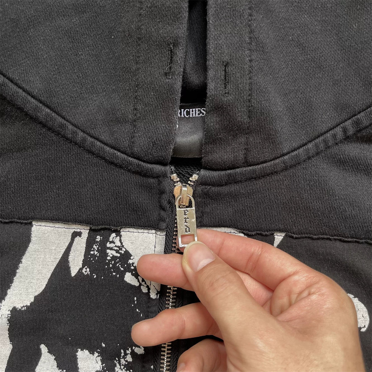 Vintage Washed Collage Portrait Patch Zip‑Up Oversized Hoodie