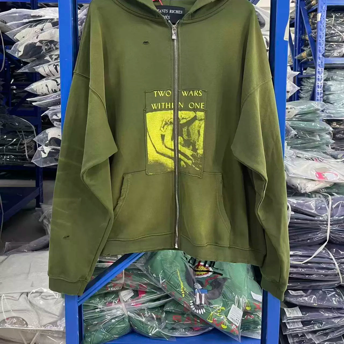 ERD Vintage Washed Army Green Patch Graphic Distressed Full‑Zip Cropped Oversized Hoodie