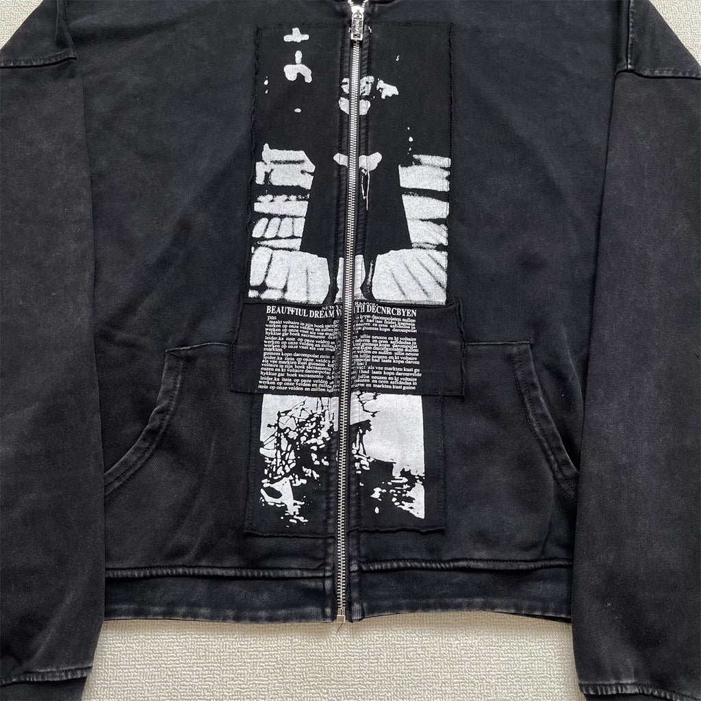 Vintage Washed Art Patch Zip‑Up Oversized Hoodie