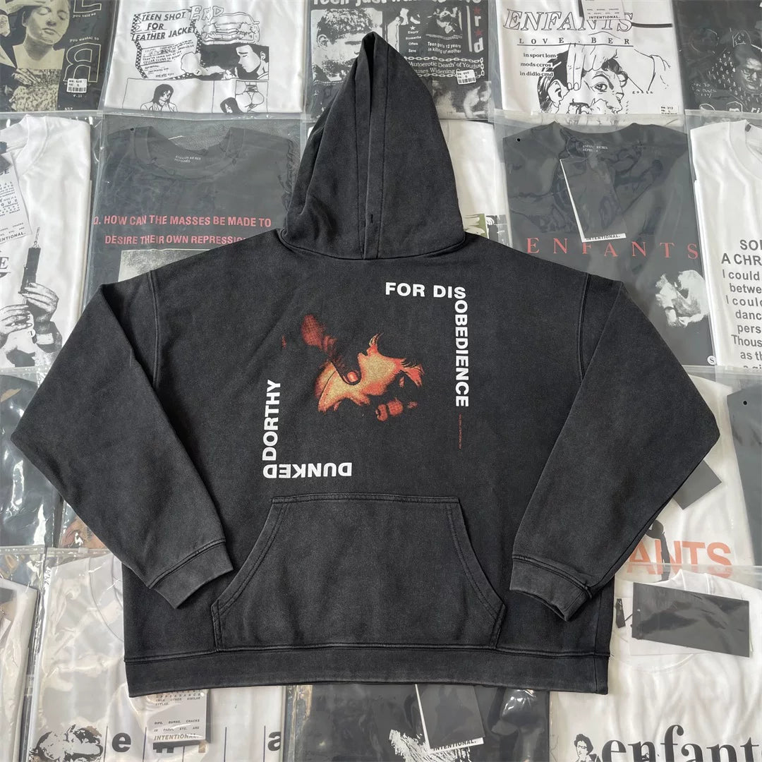 ERD Vintage Washed Black Distressed Figure Text Graphic Cropped Oversized Hoodie