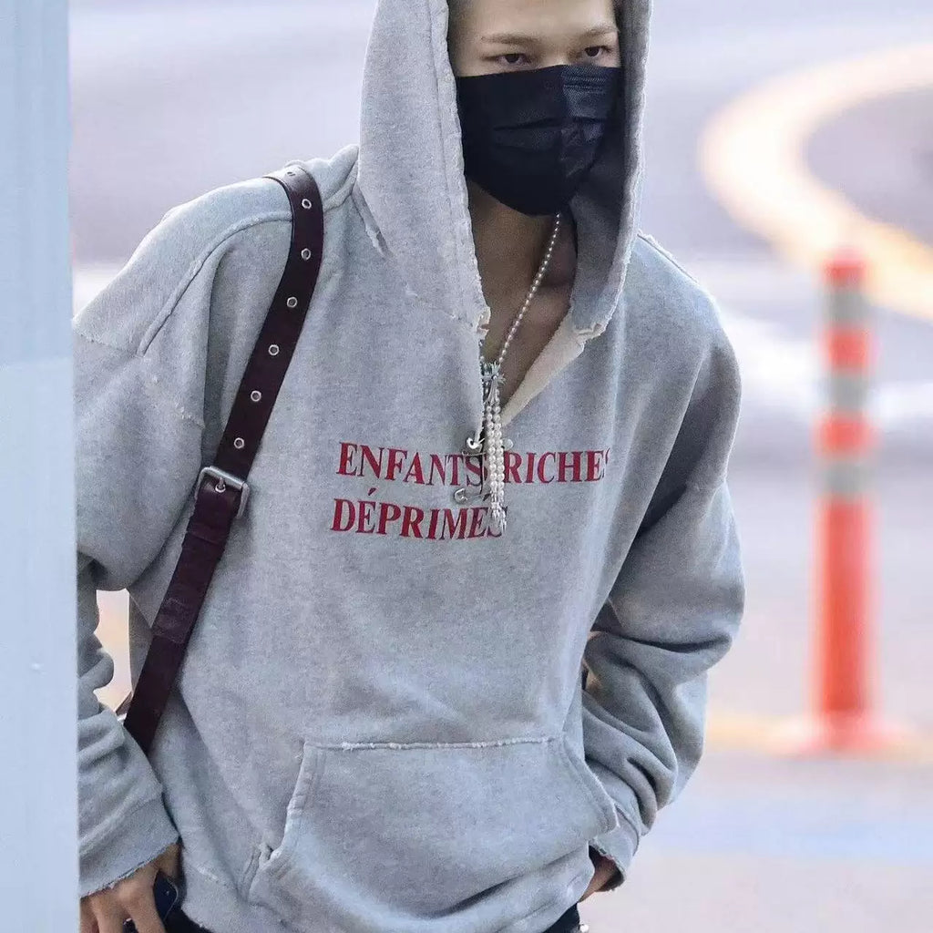 Distressed Raw Edge French Letter Oversized Hoodie