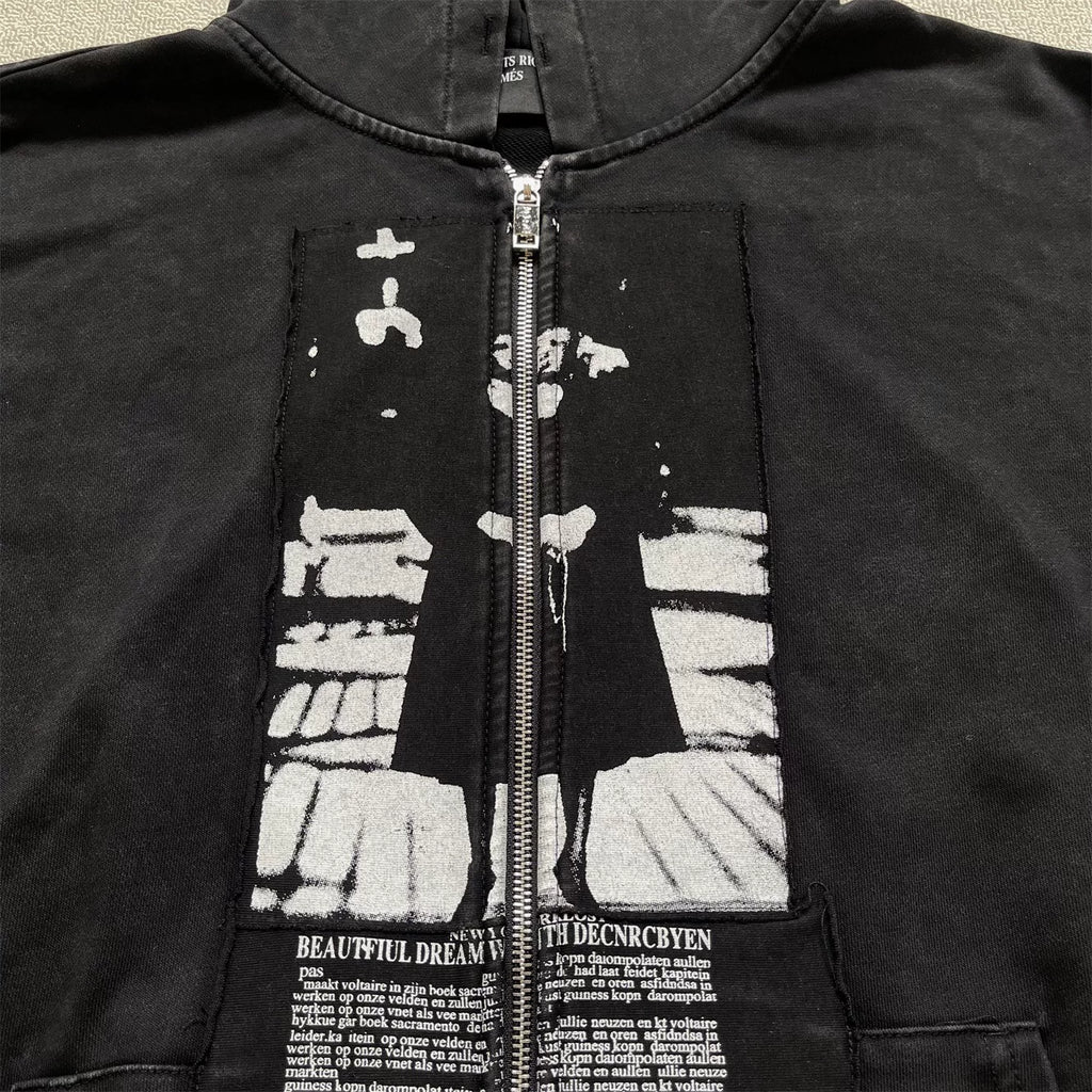 Vintage Washed Art Patch Zip‑Up Oversized Hoodie