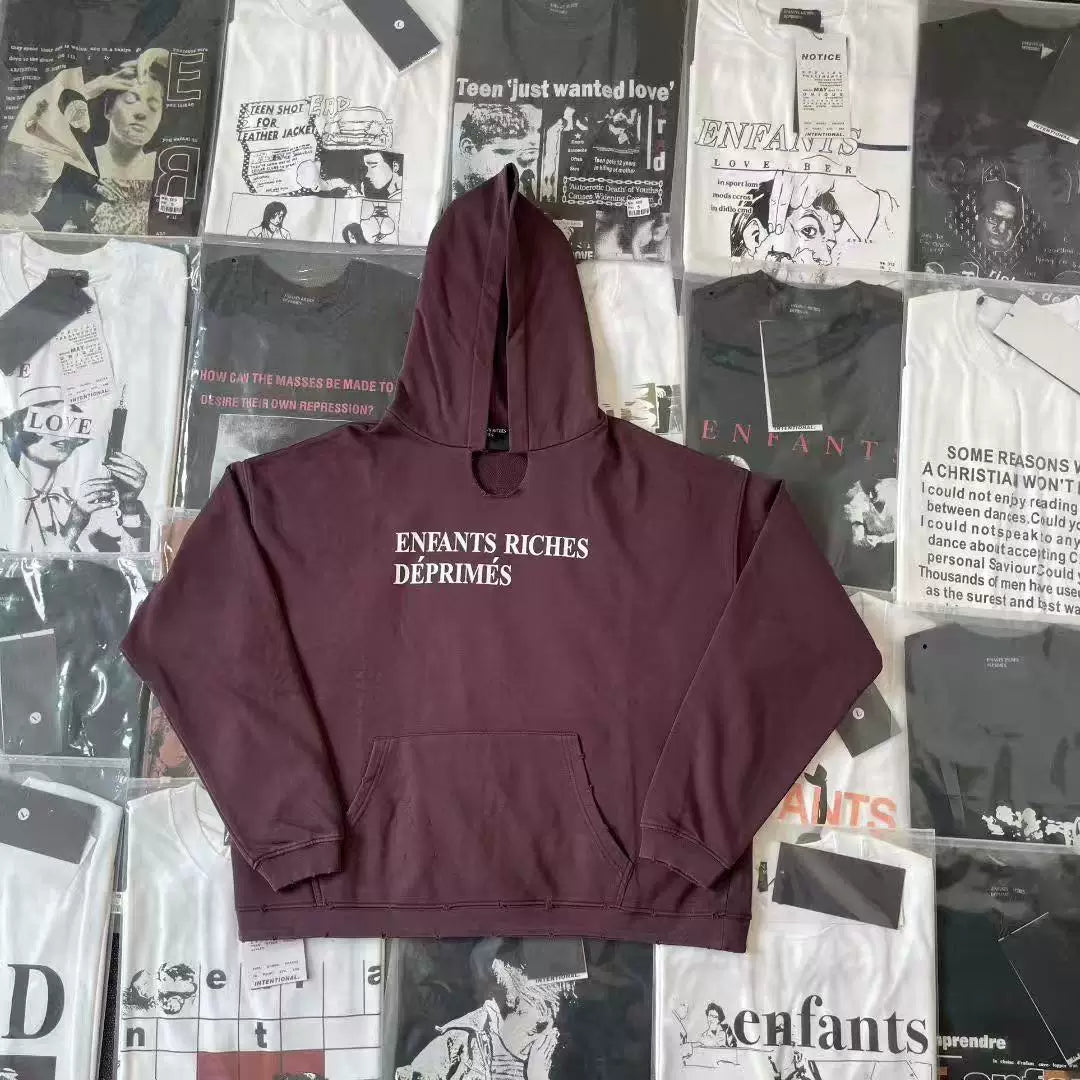 ERD Vintage Washed Dark Plum Enfants Riches Déprimés Contrast Logo Distressed Cropped Oversized Unisex Hoodie