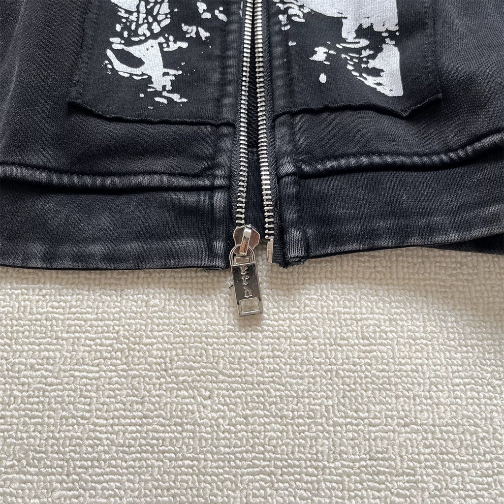 Vintage Washed Art Patch Zip‑Up Oversized Hoodie