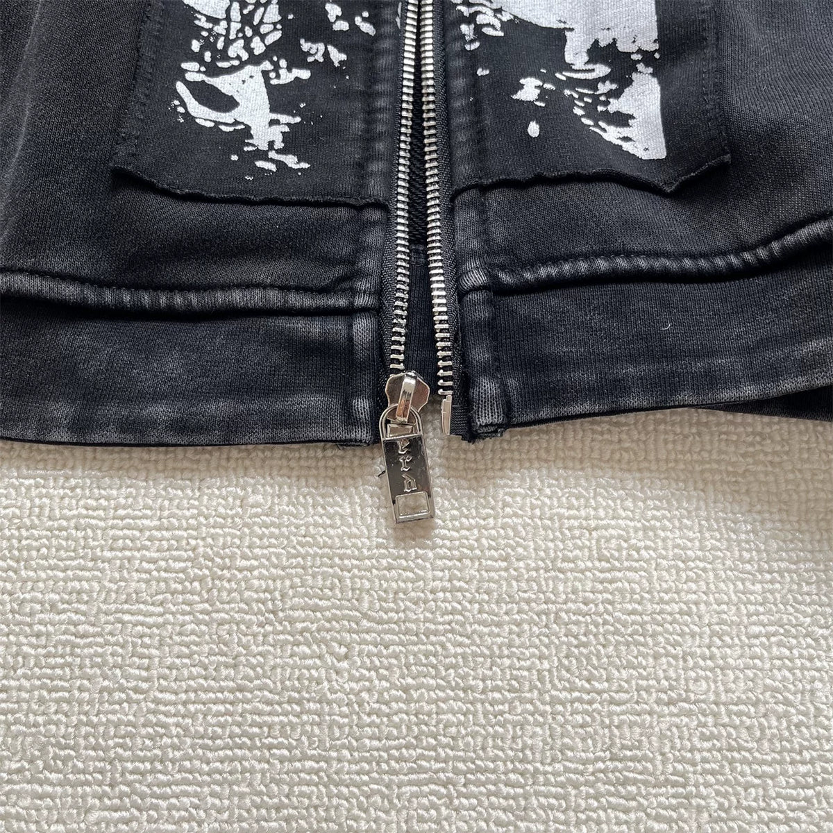 Vintage Washed Art Patch Zip‑Up Oversized Hoodie