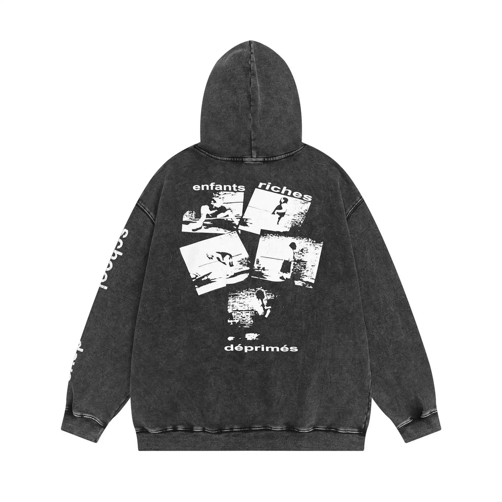 ERD Style Front Back Distressed Print Hoodie