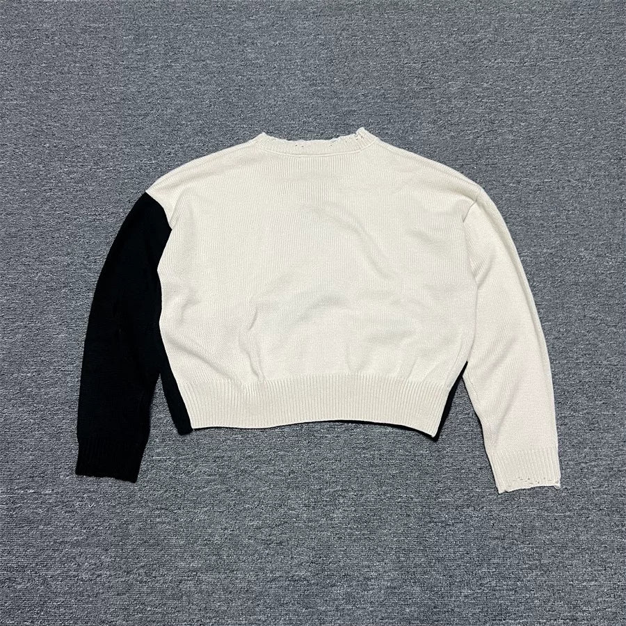 ERD Black‑White Figure Jacquard Cropped Distressed Crew Neck Unisex Knit Sweater
