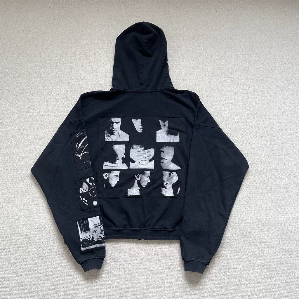 Vintage Washed Collage Portrait Patch Zip‑Up Oversized Hoodie