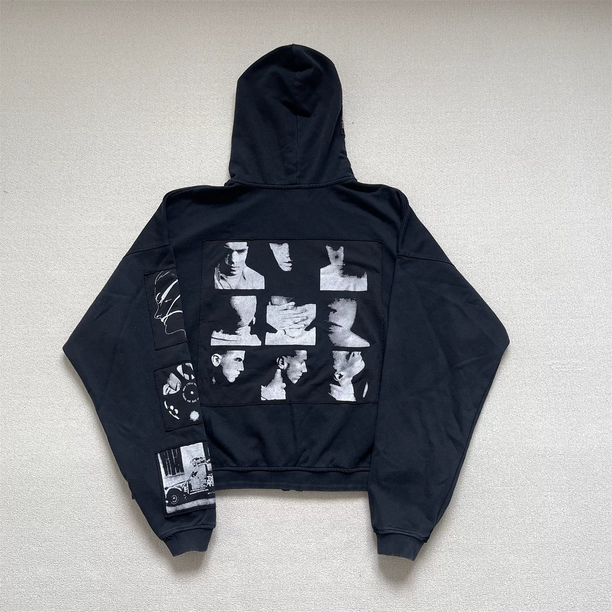 Vintage Washed Collage Portrait Patch Zip‑Up Oversized Hoodie