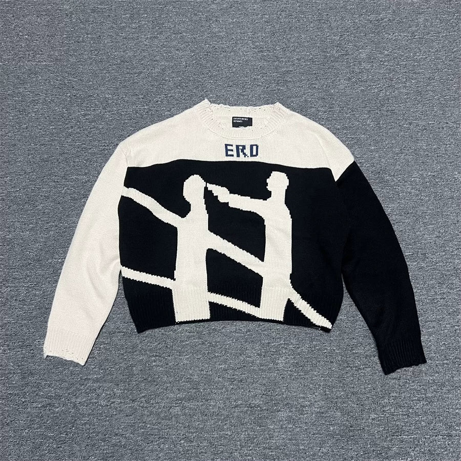 ERD Black‑White Figure Jacquard Cropped Distressed Crew Neck Unisex Knit Sweater