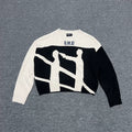 ERD Black‑White Figure Jacquard Cropped Distressed Crew Neck Unisex Knit Sweater