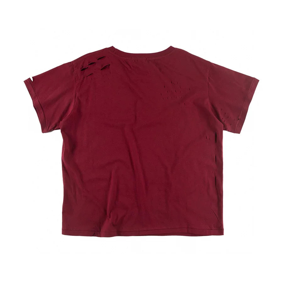 Burgundy Distressed Ripped French Letter Oversized T‑Shirt