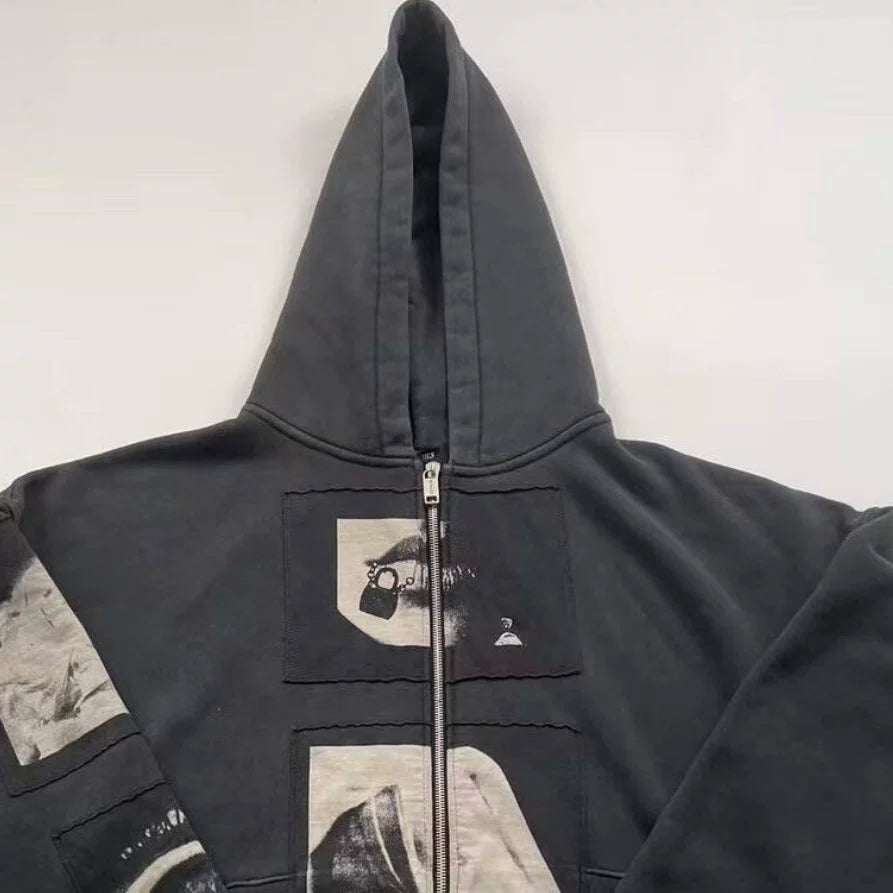 ERD Vintage Washed Patch Figure Graphic Cropped Zip‑Up Unisex Hoodie