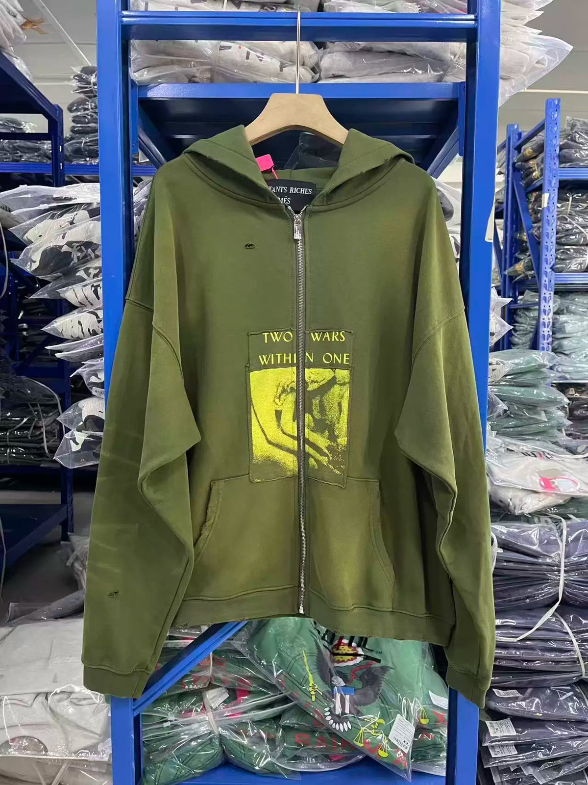 ERD Vintage Washed Army Green Patch Graphic Distressed Full‑Zip Cropped Oversized Hoodie