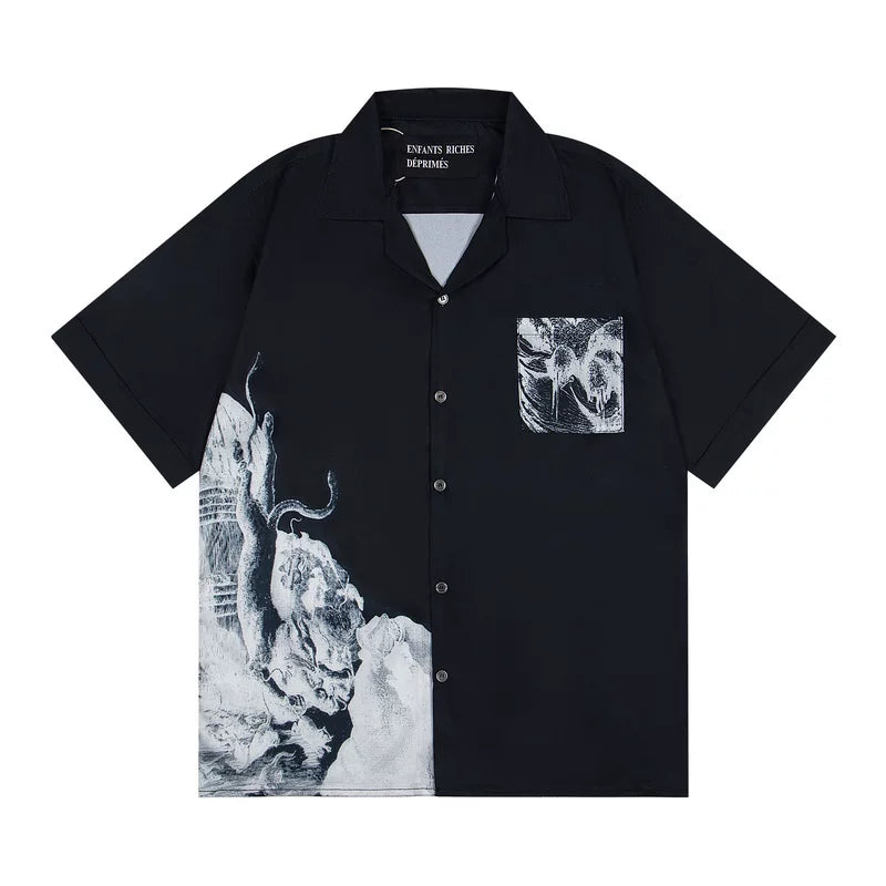 ERD Vintage Black Engraving Art Print Camp Collar Short Sleeve Shirt