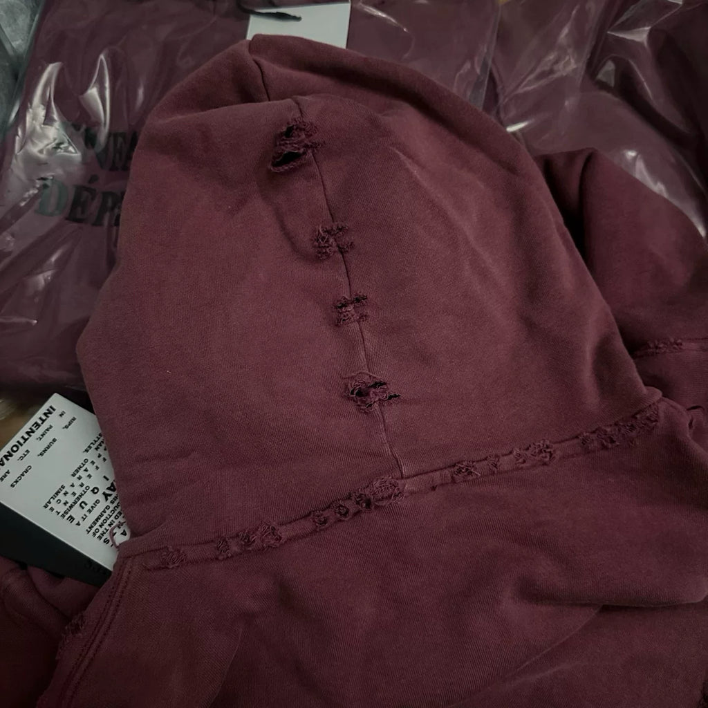 ERD Vintage Washed Burgundy Letter Print Distressed Cropped Oversized Hoodie